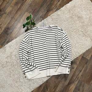 LOFT Small Cream Black Striped Notched V-Neck Boxy Cropped Wide Sleeve Sweater